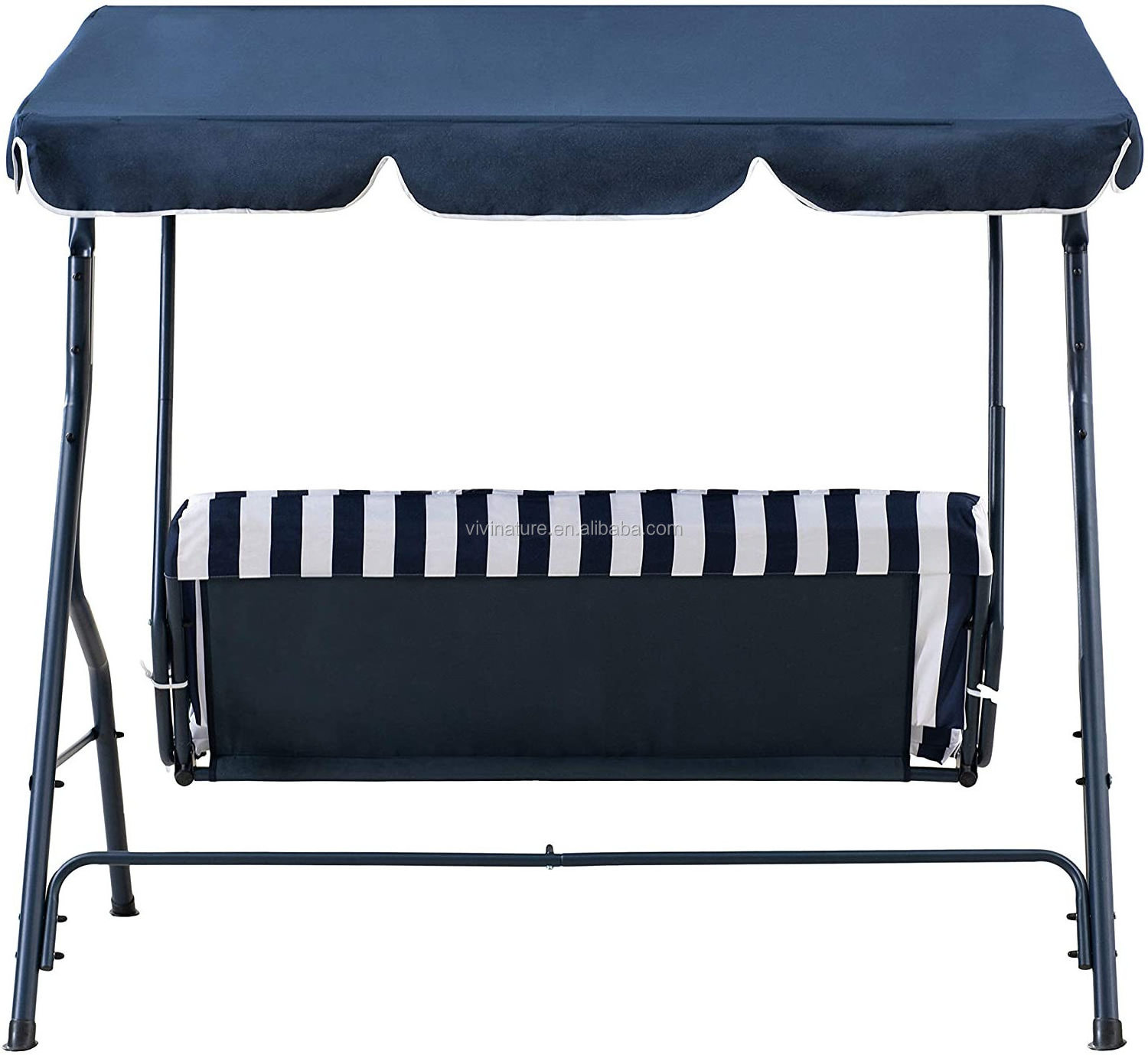 Outdoor 3 Seat Striped Patio Swing with Canopy In Dark Blue and White