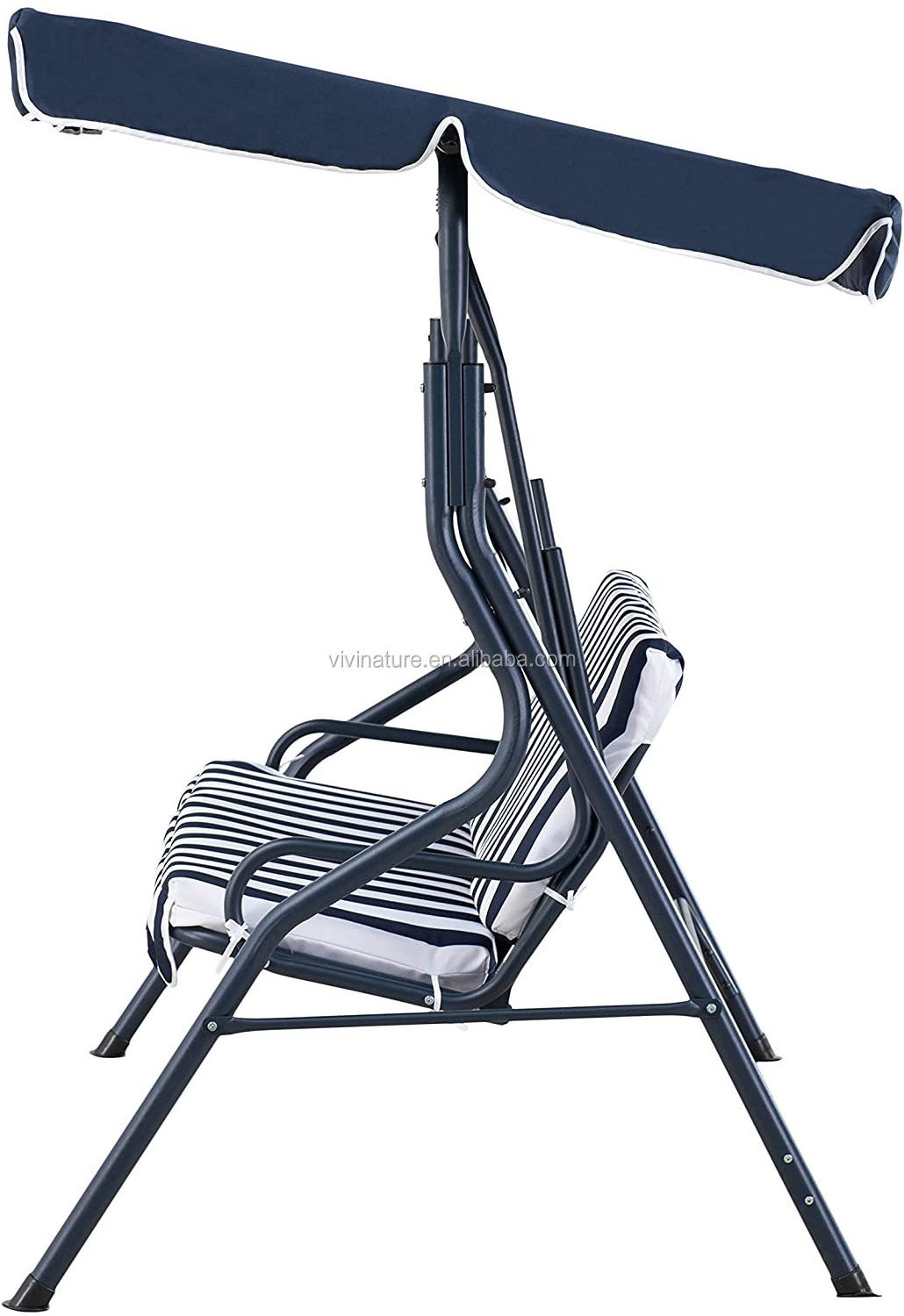 Outdoor 3 Seat Striped Patio Swing with Canopy In Dark Blue and White