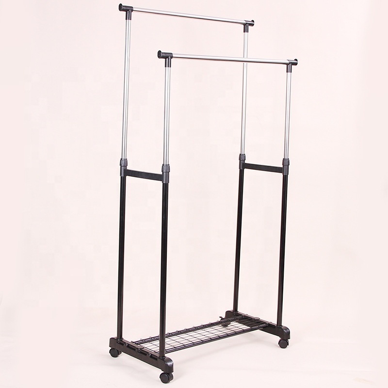 Double Adjustable Telescopic Rolling Clothing Rack With Shoes Storage shelf