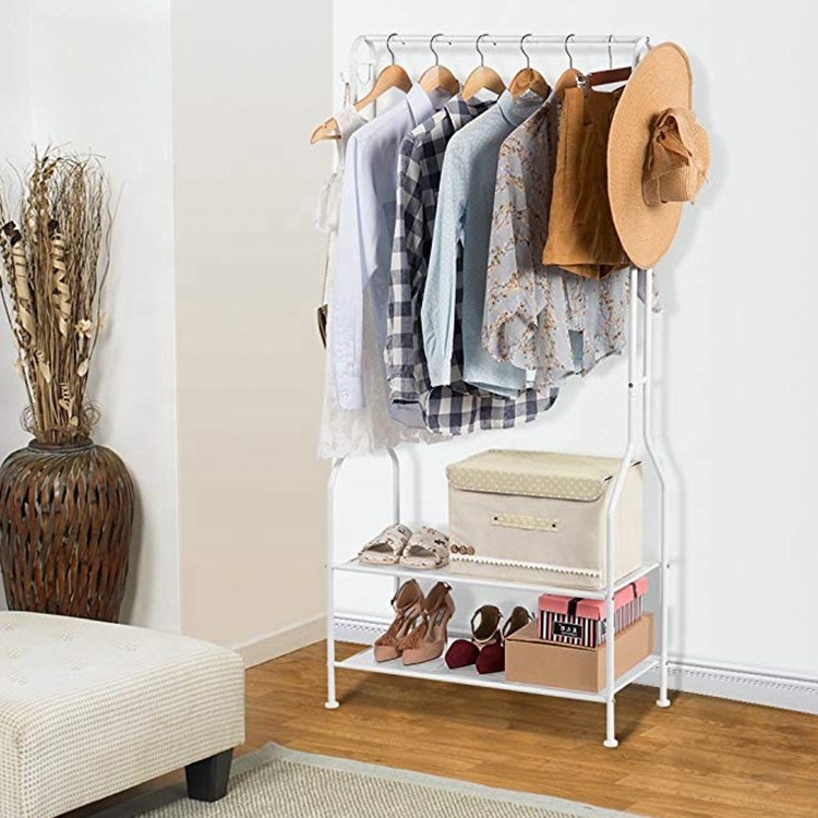 Clothes Rail Coat Garment Rack Hanger Metal Shoe Stand Organizer with Storage Shelf White