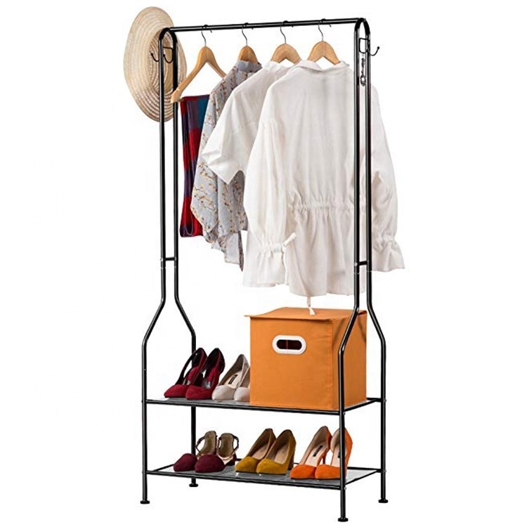 Clothes Rail Coat Garment Rack Hanger Metal Shoe Stand Organizer with Storage Shelf White