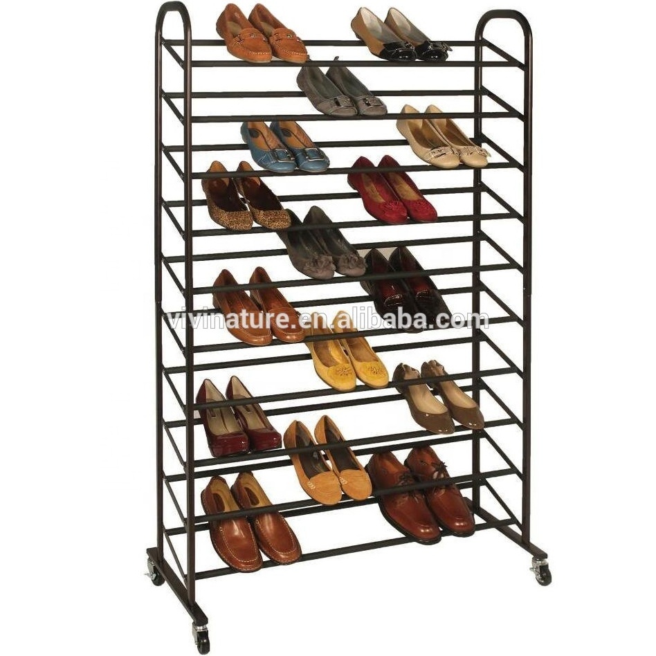 10Tier 50 Pair Rolling Shoe Rack, Sturdy Metal Shoes Racks with Non Slip Bars