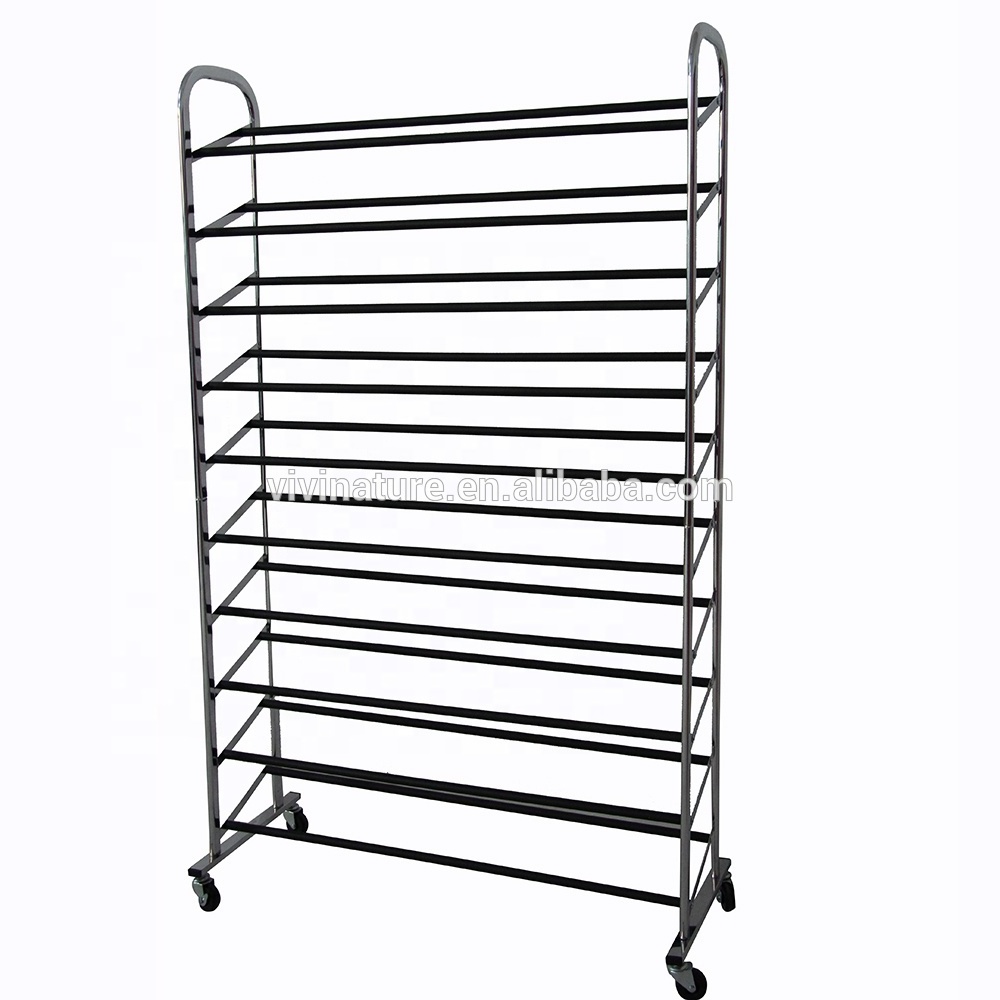 10Tier 50 Pair Rolling Shoe Rack, Sturdy Metal Shoes Racks with Non Slip Bars