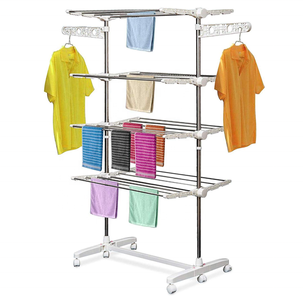 3 tier folding cloth drying rack with moving shelves dryer for clothes hanging cloth rack with 6 wheels