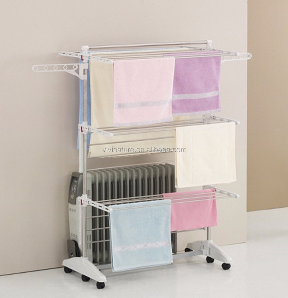 3 tier folding cloth drying rack with moving shelves dryer for clothes hanging cloth rack with 6 wheels