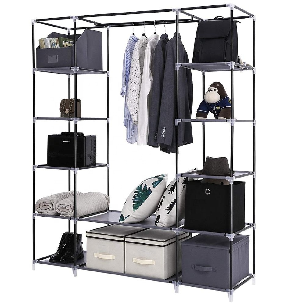 Large Grey Fabric Canvas Bedroom Wardrobe With Hanging Rail Shelving Clothes Storage Cupboard Unit