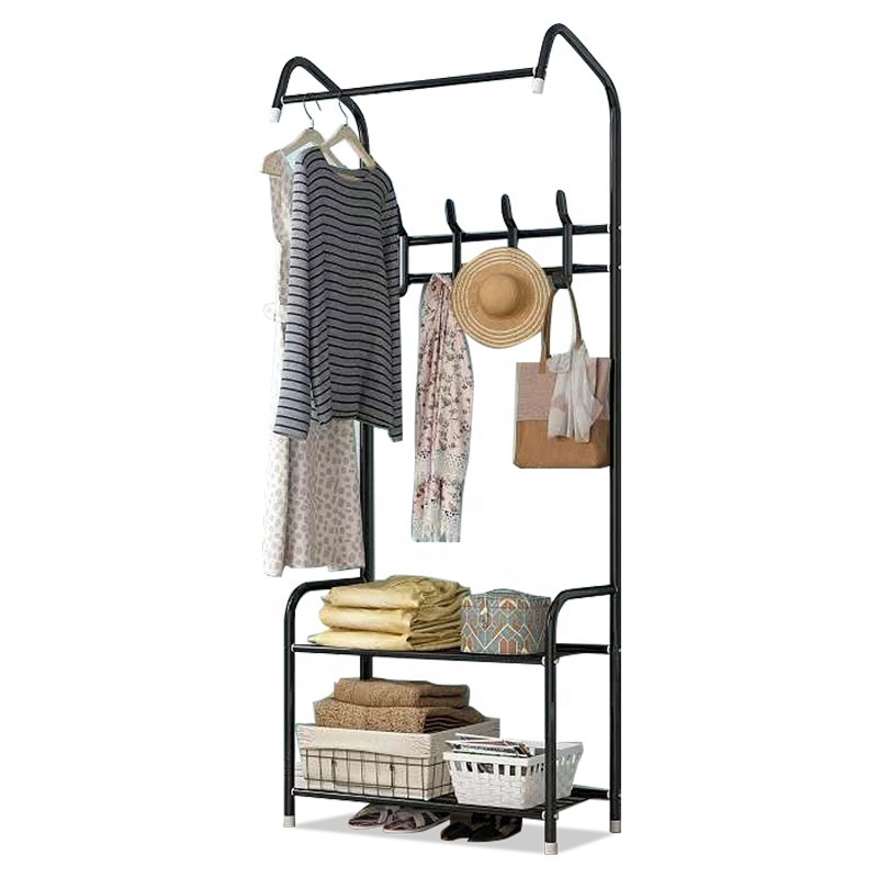 Coat cloth rack with two tier shoe storage rack bench with rail hangers