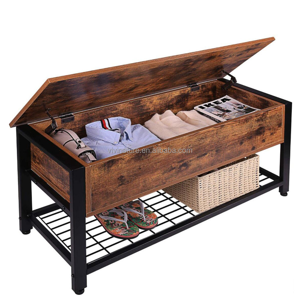 Big capacity Long Shoe Storage Bench for Entryway Industrial bench Storage box with 1 Mesh Shelves Organizer