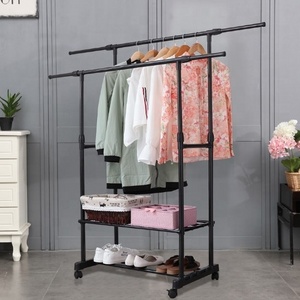 Black double rod Height adjustable telescopic cloth racks with 2 tier cloth storage rack