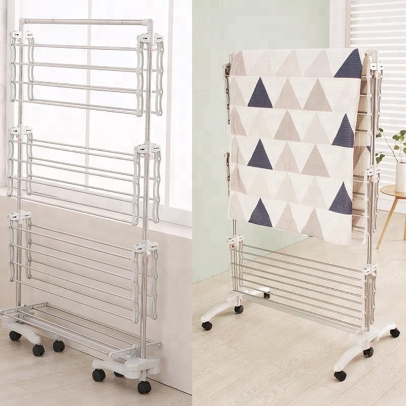 3 Tiers folding Portable clothes drying rack with wheels clothes hanger rack