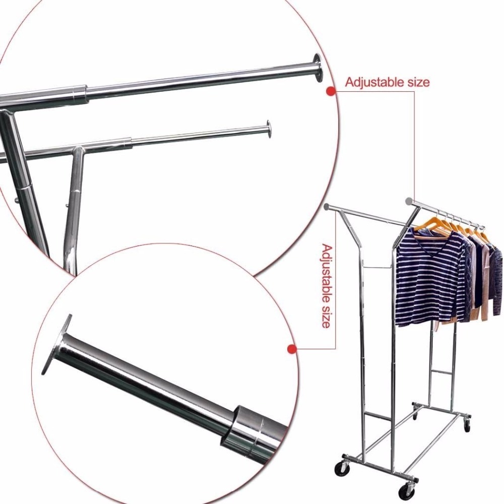 Heavy Duty Commercial Grade Simple Double Rail Clothes Garment Rack and Clothing Rolling Rack on Wheels