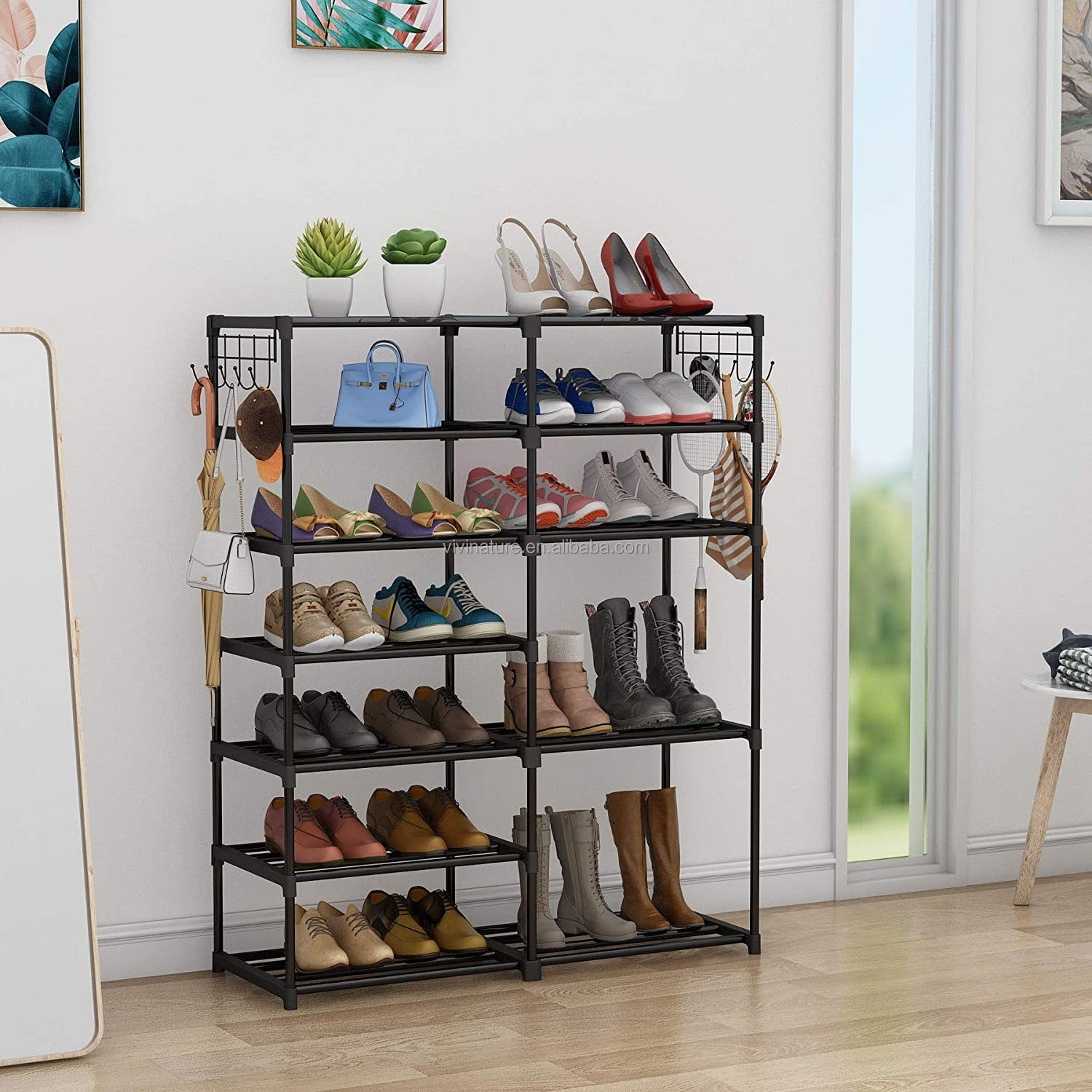 Entryway Metal Shelf Stackable Shoe Storage Organizer Unit  Durable Metal Shoe Rack And Boots Organizer