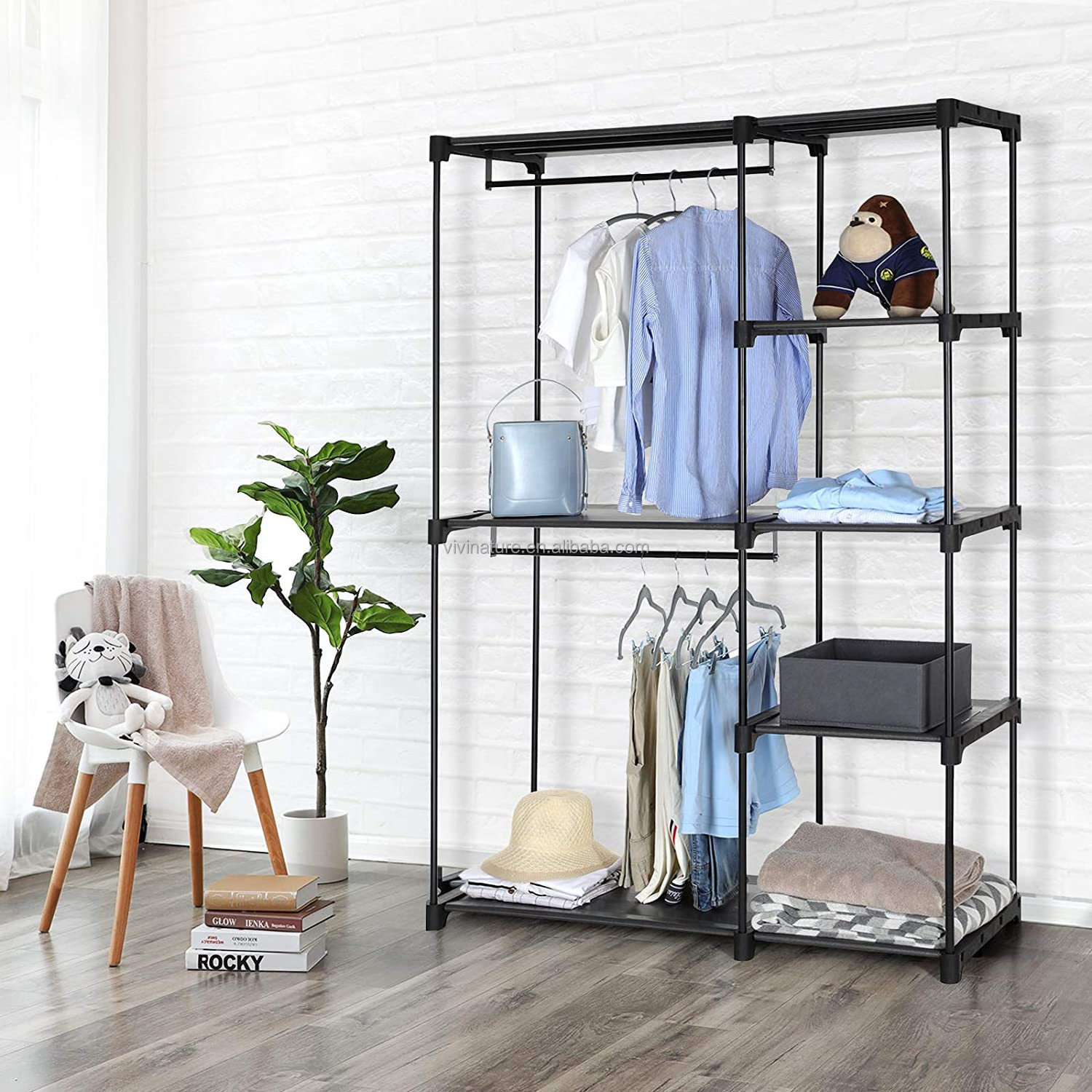 Double Rod Cloth Gray color storage closet wardrobe  organizer  rack