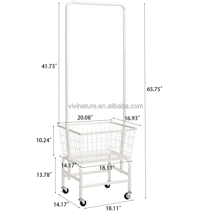 Rolling Laundry Hamper Basket Cart with Wire Storage Rack and Hanging Rack