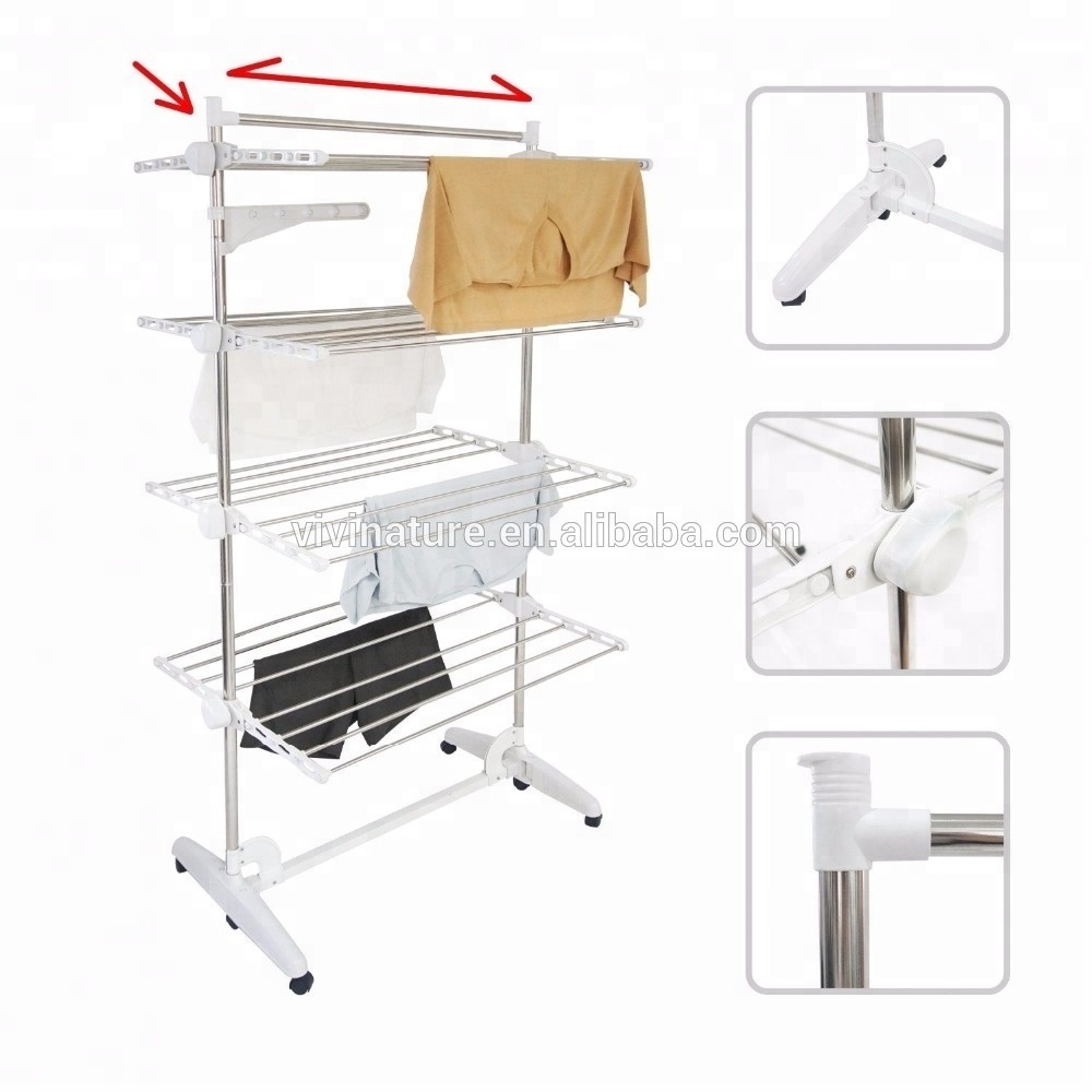 3 Tiers folding Portable clothes drying rack with wheels clothes hanger rack