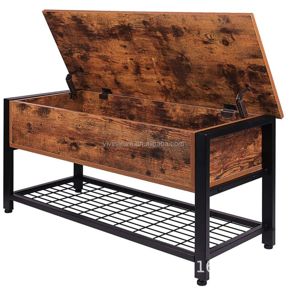 Big capacity Long Shoe Storage Bench for Entryway Industrial bench Storage box with 1 Mesh Shelves Organizer