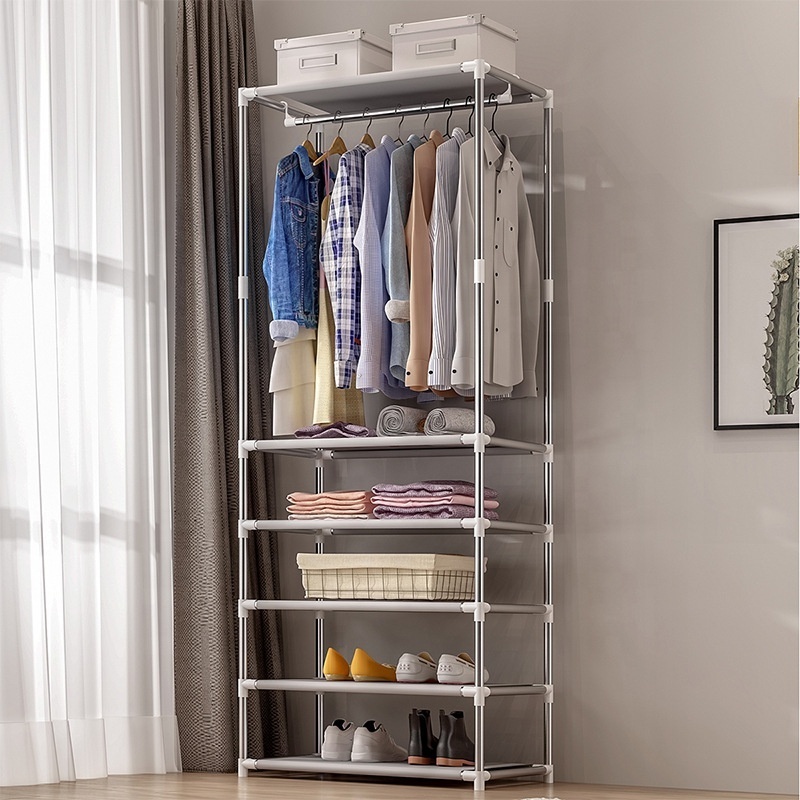 Portable Clothes Closet Wardrobe With Hanging Rod And Storage Rack