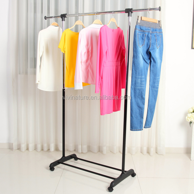 Adjustable Single Rod Rolling Portable Hanging Cloth Garment Rack