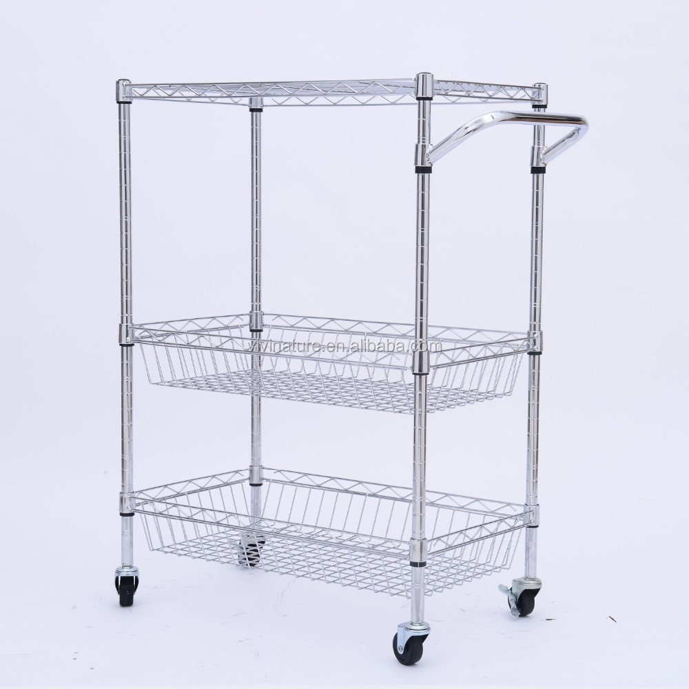 metal wire kitchen rack with 4 wheels, kitchen storage rack trolley cart