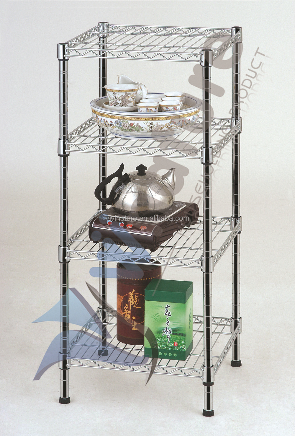 metal wire kitchen rack with 4 wheels, kitchen storage rack trolley cart