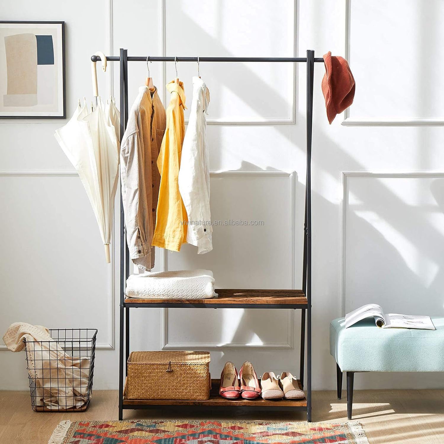 Metal coat clothes rackwith rails with bottom wood storage shelf for coats, skirts sweaters