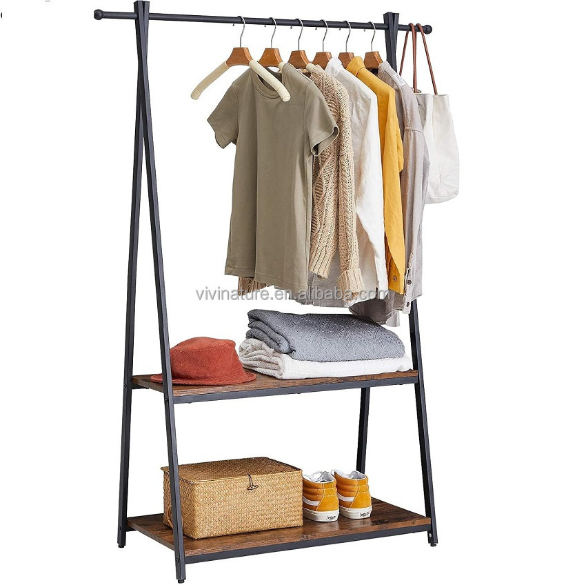 Metal coat clothes rackwith rails with bottom wood storage shelf for coats, skirts sweaters