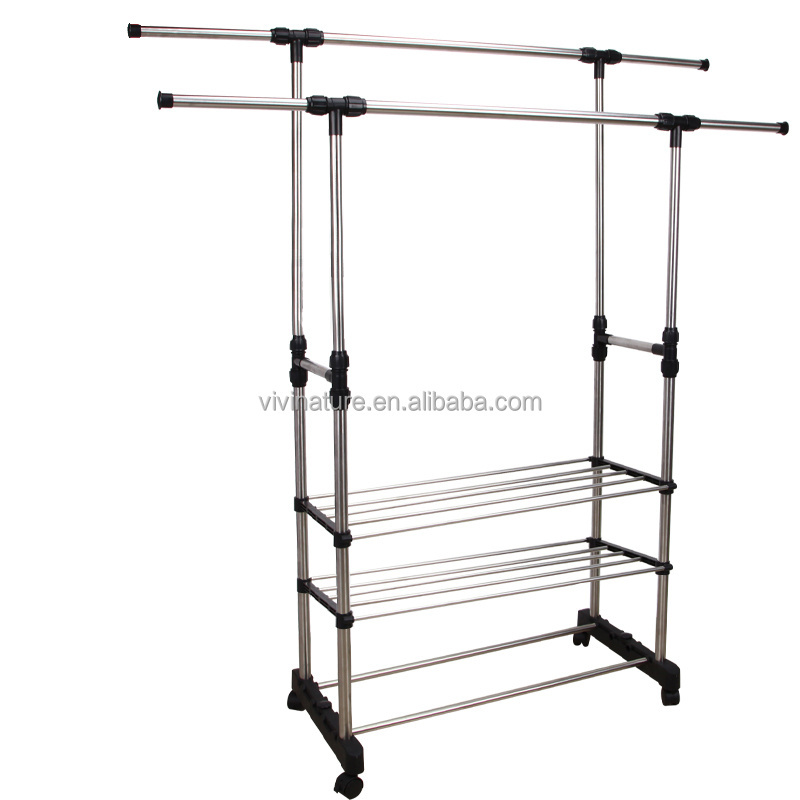 Stainless Steel Double Rods Rolling Garment Rack Clothes Drying Hanging Clothing Rack