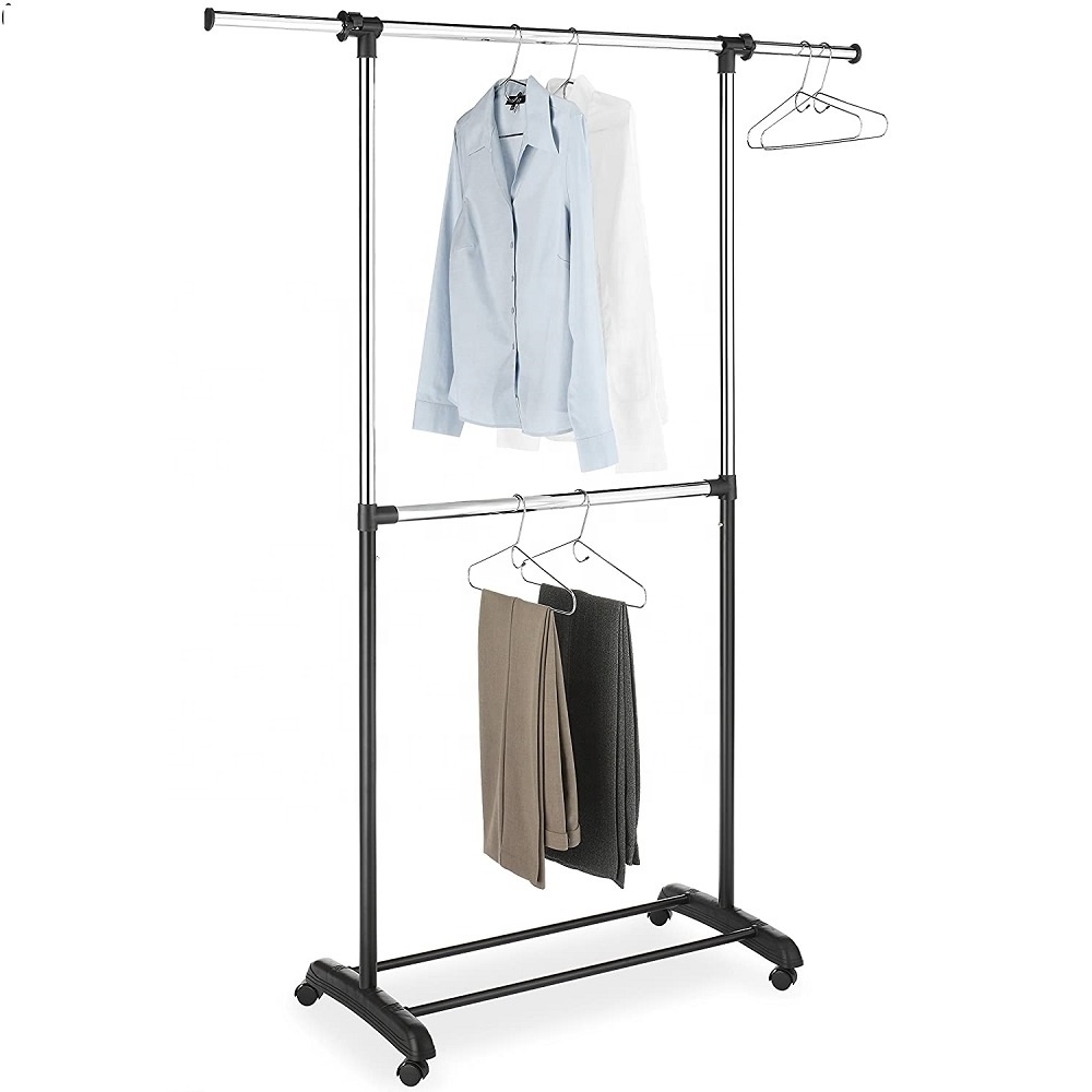 Adjustable Two Rod Cloth Garment Rack in Chrome  And Black with plenty of space to dry clothes