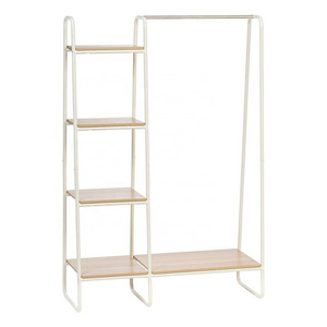 Metal Garment Rack with Wood Shelves storage cloth hanging rack, White color