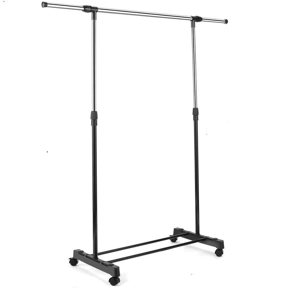 Adjustable Single Rod Rolling Portable Hanging Cloth Garment Rack