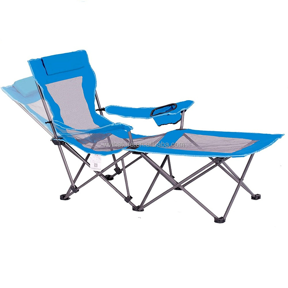 Long Adults Portable Camping Chair with Footrest Mesh Folding Reclining Chair