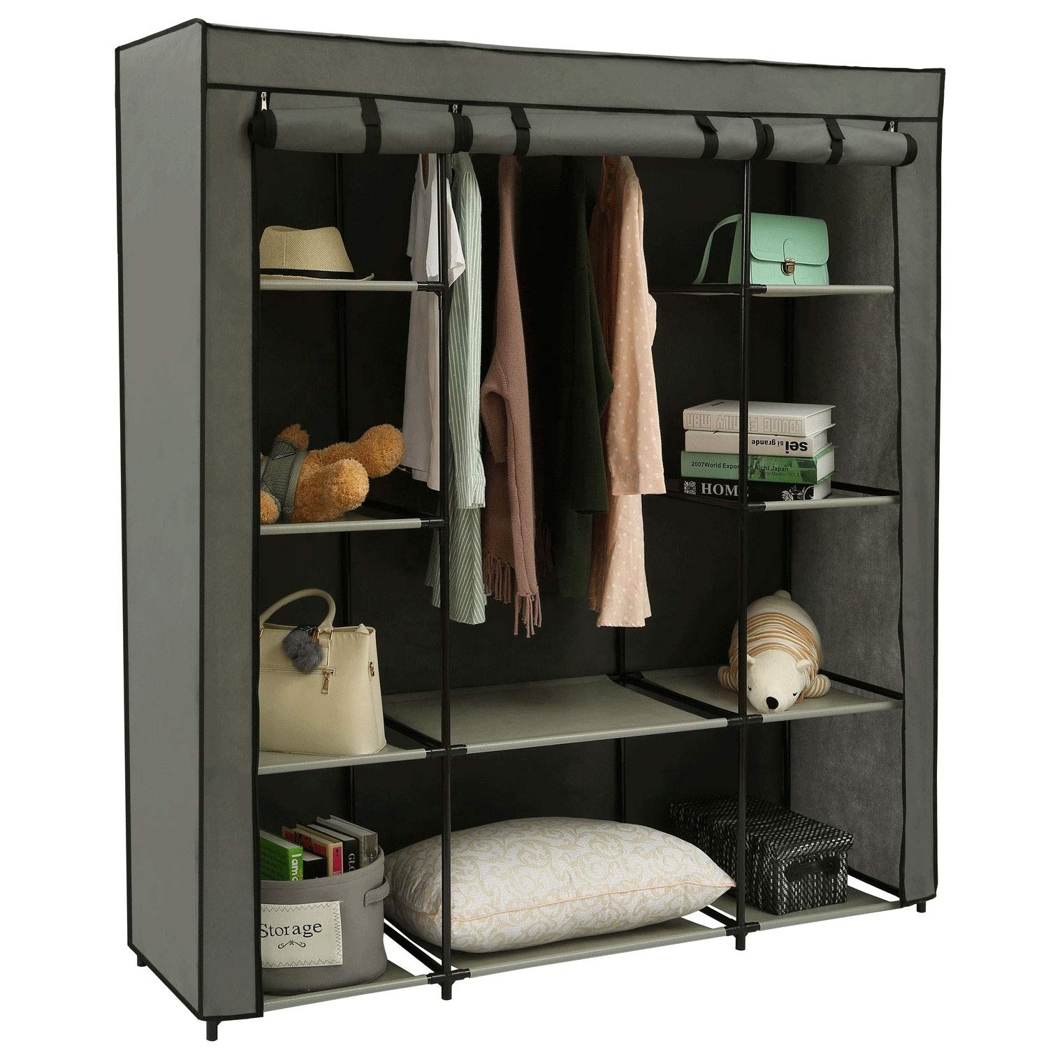 Fabric Canvas Wardrobe With Clothes Hanging Rail Shelves Cupboard