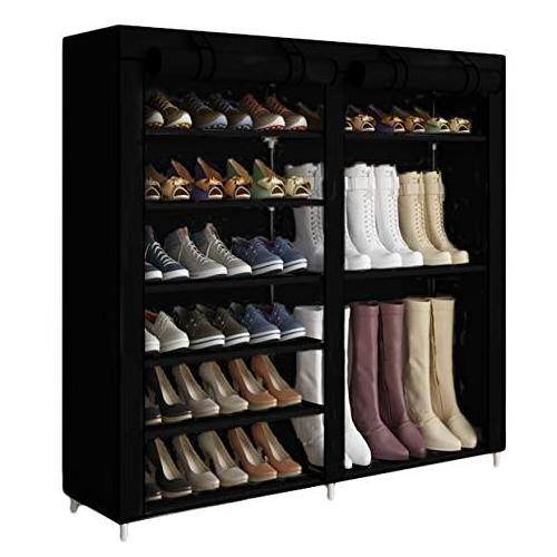 7 Tier Shoe Rack Storage Organizer, Double Row Free Standing Shoe Organizer Portable Boots Rack with Dustproof Nonwoven Fabric C