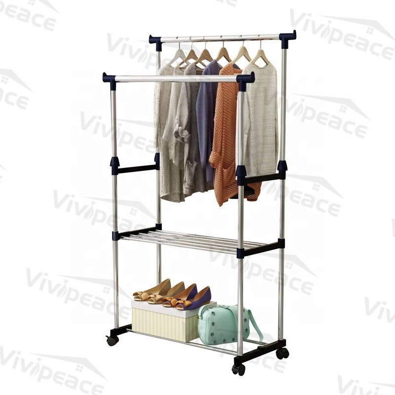 Clothing Rack on Wheels, Double Rods Rolling Clothes Garment Rack with shelf