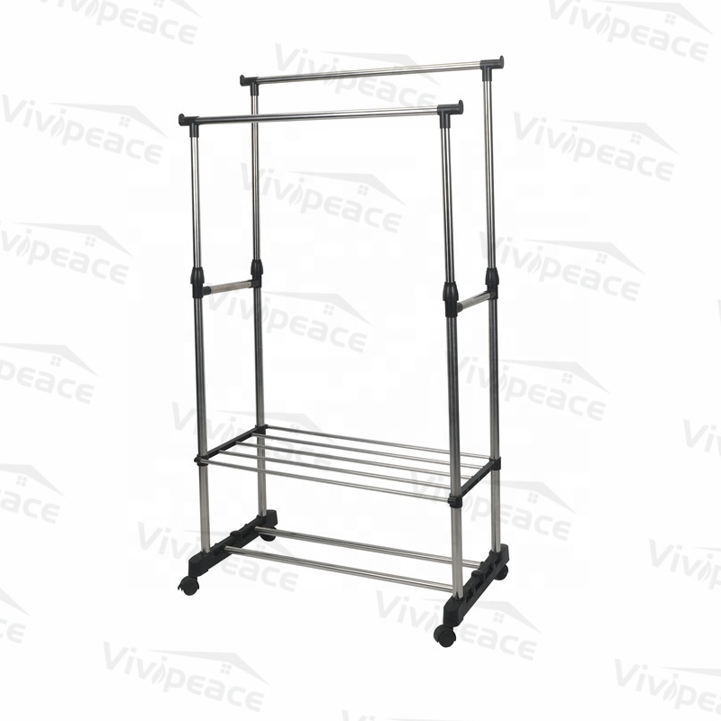 Clothing Rack on Wheels, Double Rods Rolling Clothes Garment Rack with shelf