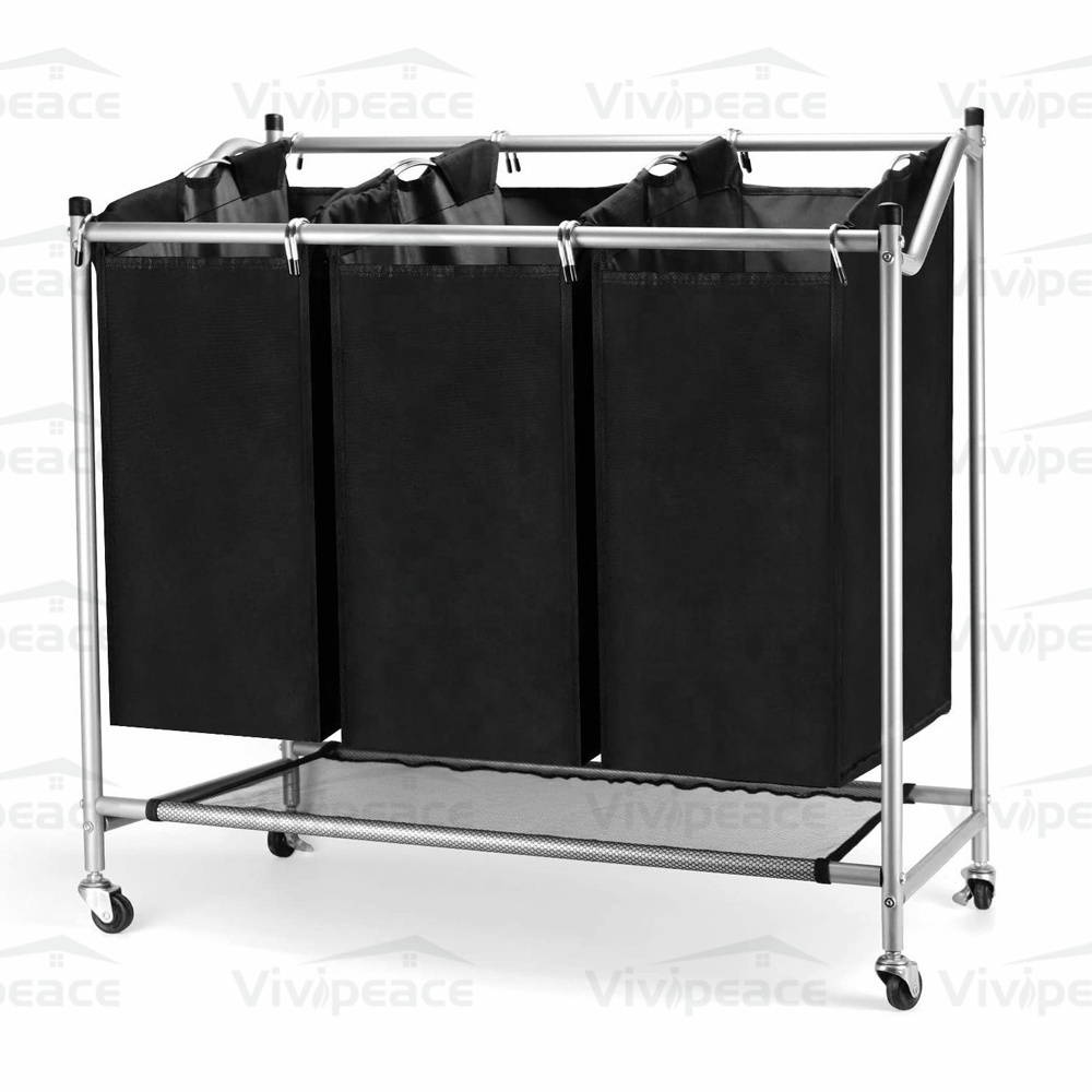 3 Section Laundry Sorter, 3 Bag Laundry Hamper Cart with Heavy Duty Rolling Lockable Wheels and Removable Bags