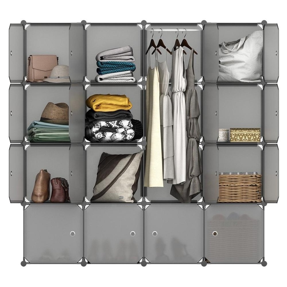 16 Cube Organizer Stackable Plastic Cube Storage Shelves Multifunctional Modular Wardrobe Cabinet with Hanging Rod