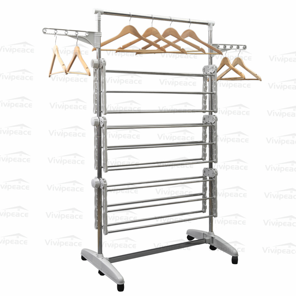 Foldable Rolling 3-tier Clothes Laundry Drying Rack with Stainless Steel Hanging Rods