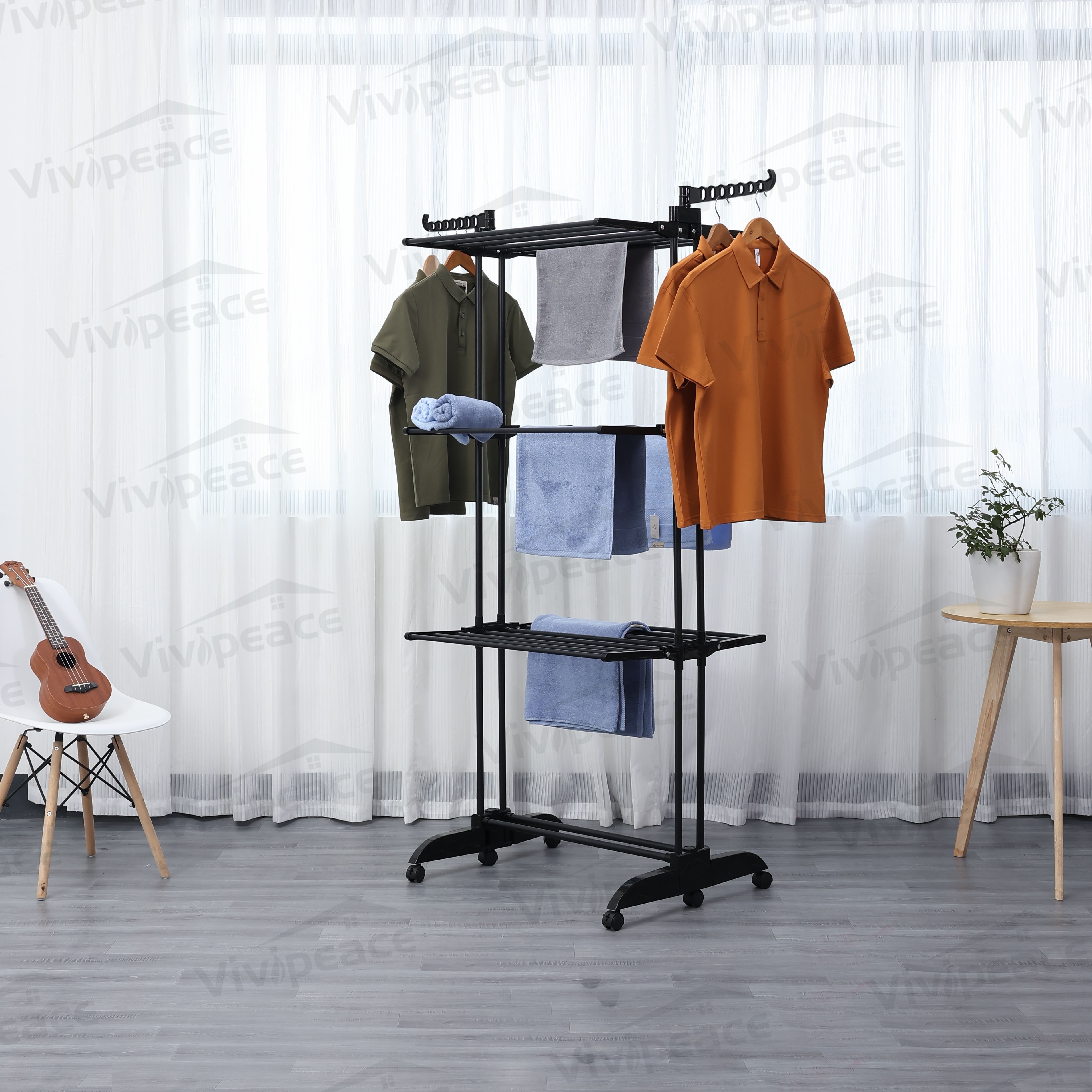 2021 new product  3 Tier Rolling Dryer Clothes Hanger,Collapsible Garment Laundry Rack with Foldable Wings and Casters