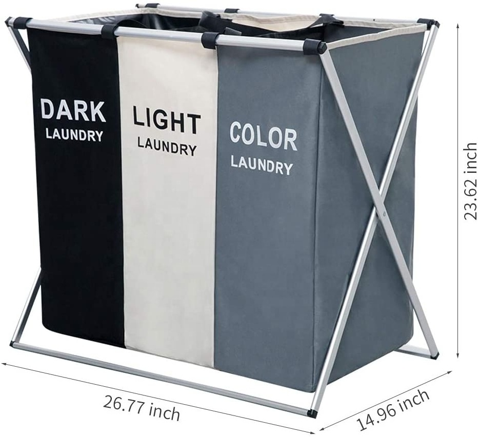 Laundry Basket Hamper Clothes Bin Organiser Folding Light Dark Colour 3 Section