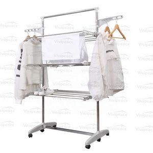 Foldable Rolling 3-tier Clothes Laundry Drying Rack with Stainless Steel Hanging Rods