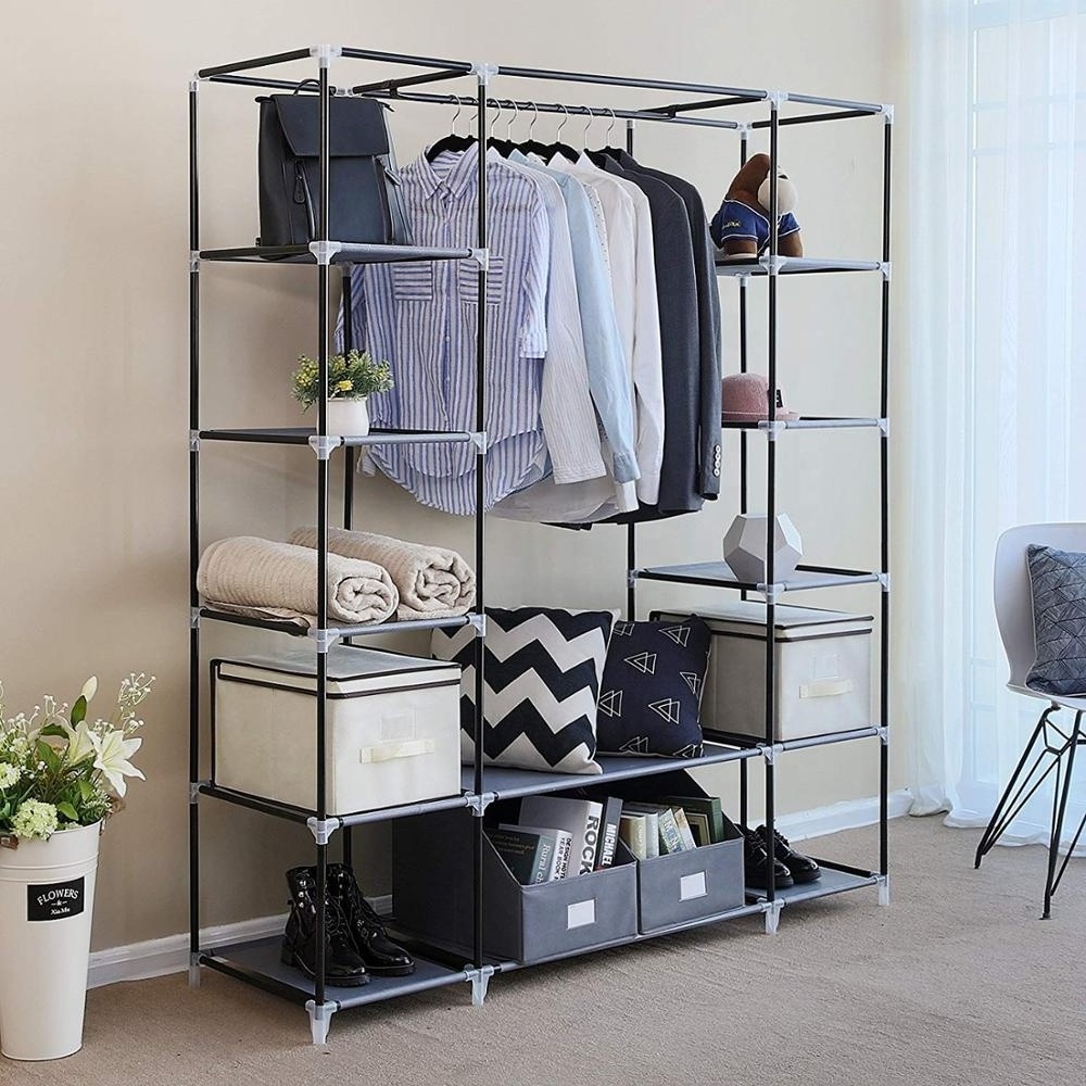 Portable Clothes Closet Non-woven Fabric Wardrobe Double Rod Storage Organizer