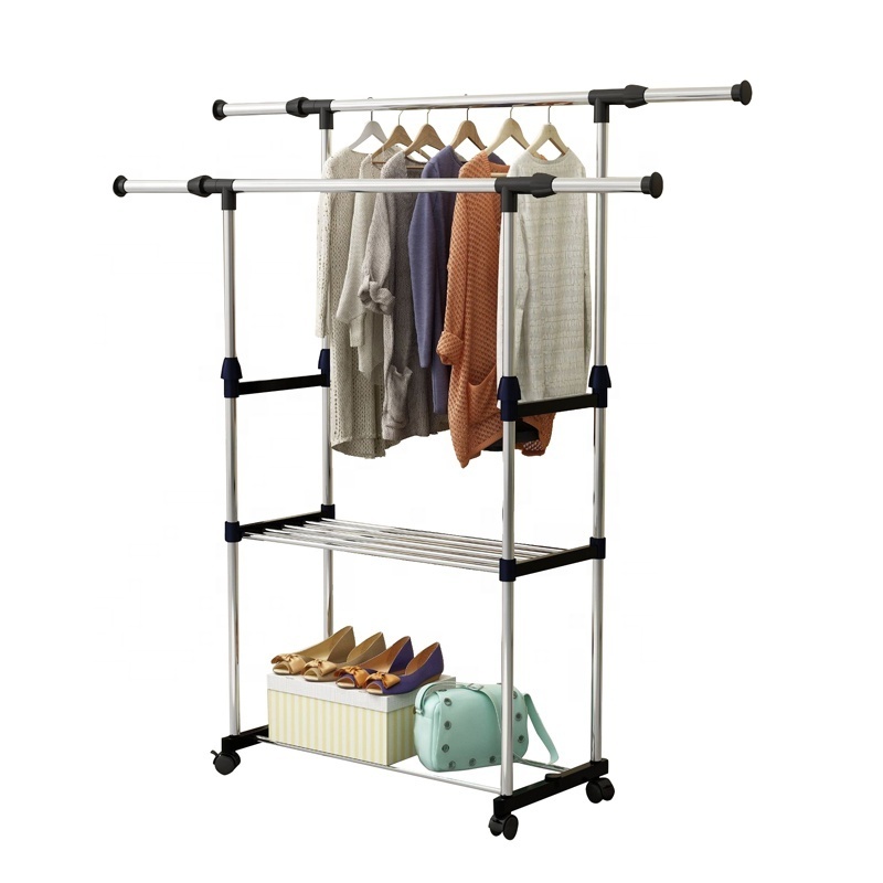 Double Rod Garment Clothing Rack, Rolling Clothes Racks, Hanging rail on wheels