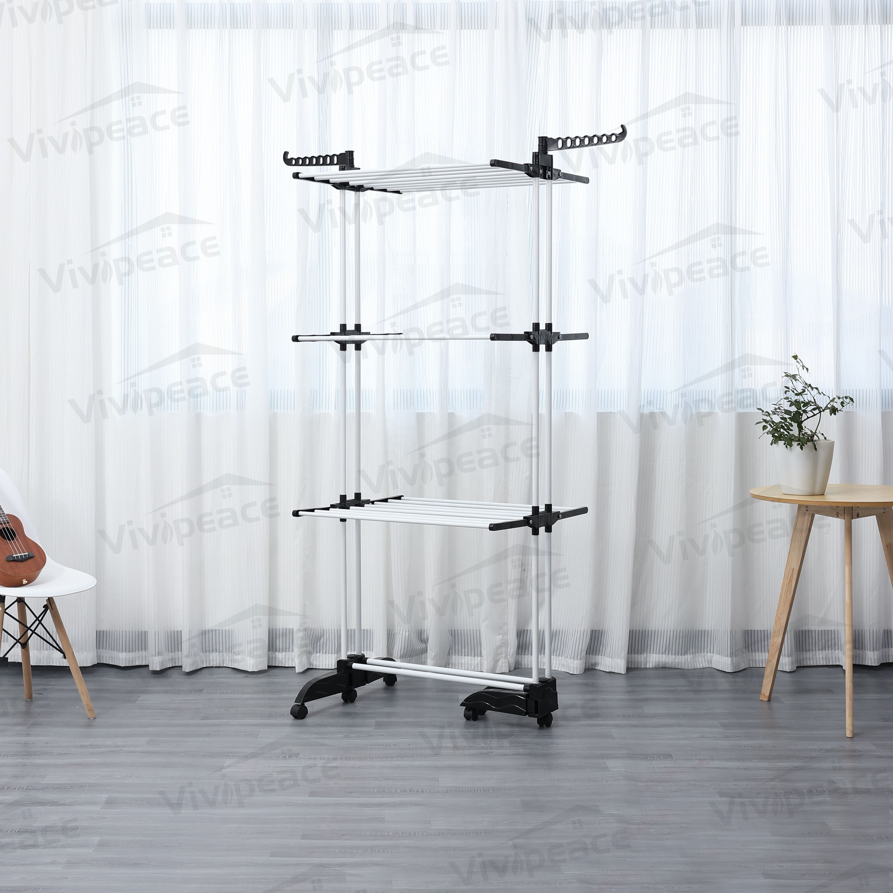 2021 new product  3 Tier Rolling Dryer Clothes Hanger,Collapsible Garment Laundry Rack with Foldable Wings and Casters