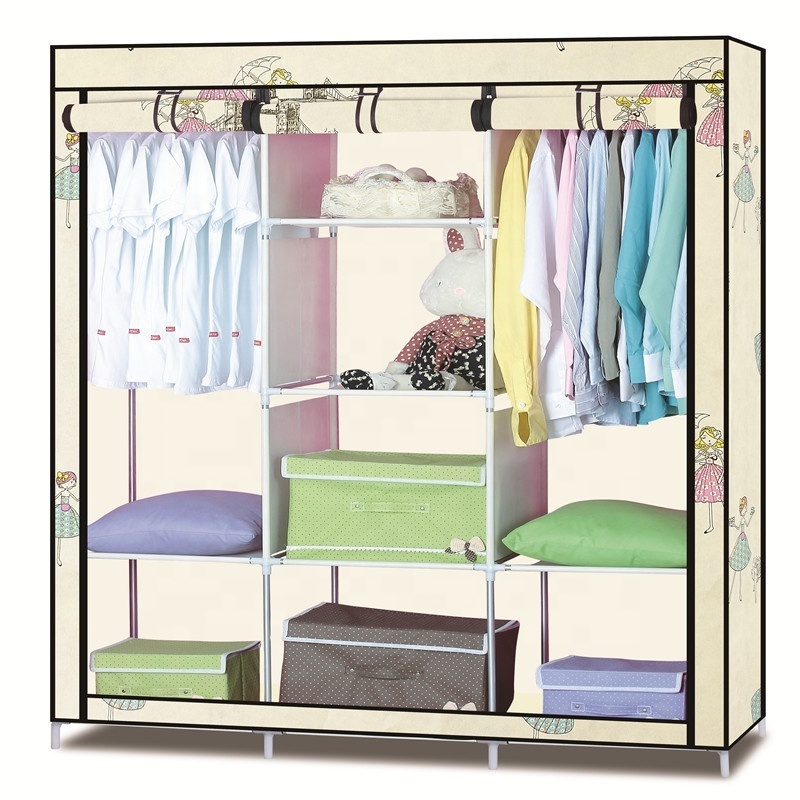 Portable Clothes Closet Non-woven Fabric Wardrobe Double Rod Storage Organizer