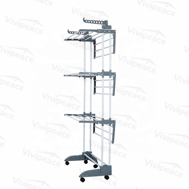 2021 new product  3 Tier Rolling Dryer Clothes Hanger,Collapsible Garment Laundry Rack with Foldable Wings and Casters