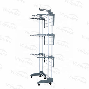 2021 new product  3 Tier Rolling Dryer Clothes Hanger,Collapsible Garment Laundry Rack with Foldable Wings and Casters