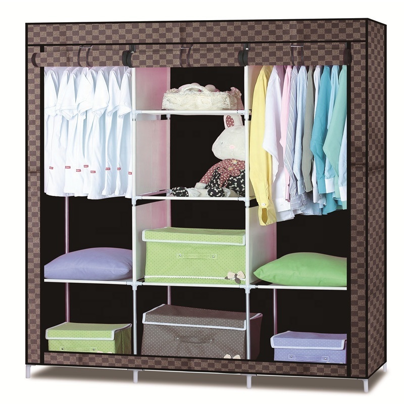 Portable Clothes Closet Non-woven Fabric Wardrobe Double Rod Storage Organizer