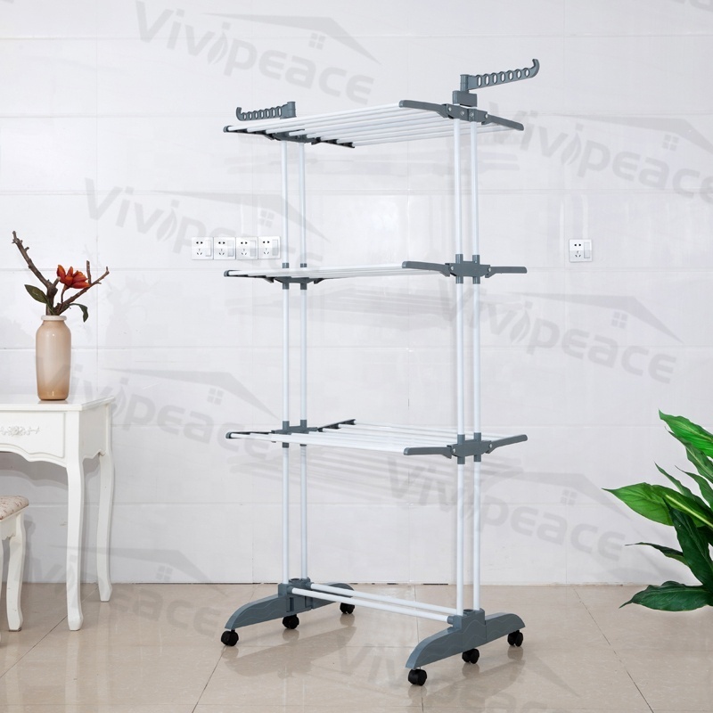 2021 new product  3 Tier Rolling Dryer Clothes Hanger,Collapsible Garment Laundry Rack with Foldable Wings and Casters