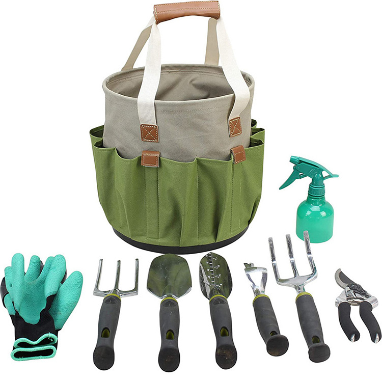 Custom foldable garden tool set tool assembly storage bag multiple pockets outdoor round garden tool bag